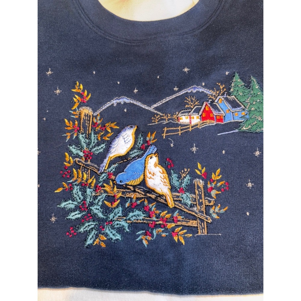 Bobby Brooks Embroidered Bird Winter Cabin Sweatshirt Navy Blue Cottagecore M
